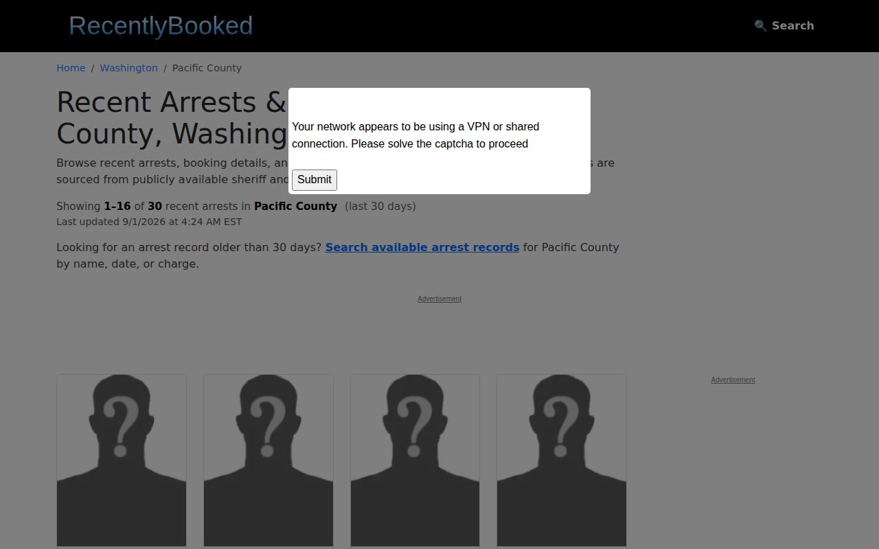 Pacific County unofficial arrest record listing context