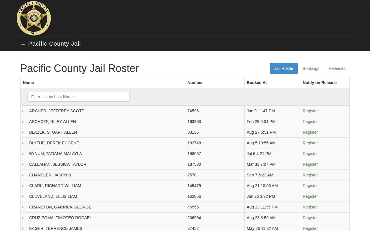 Pacific County Jail official roster interface with roster search fields
