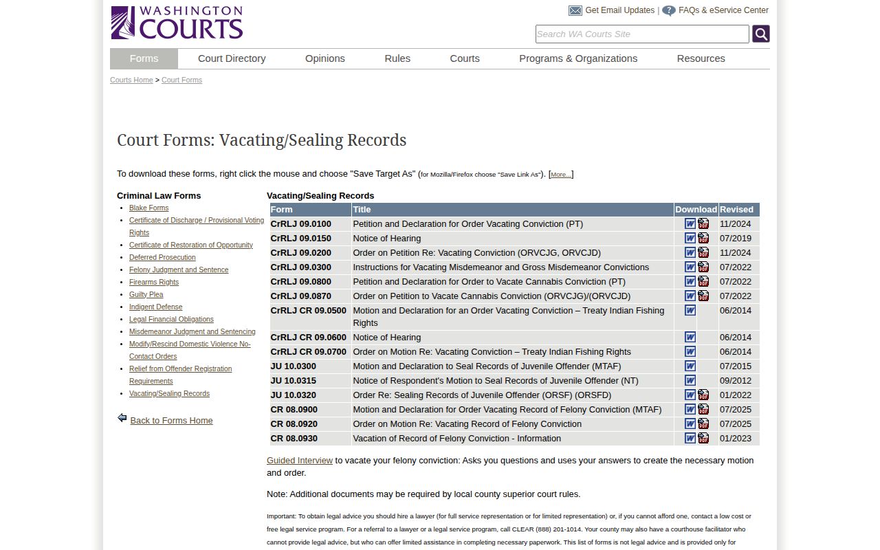Pacific County Washington court record forms for vacating and sealing