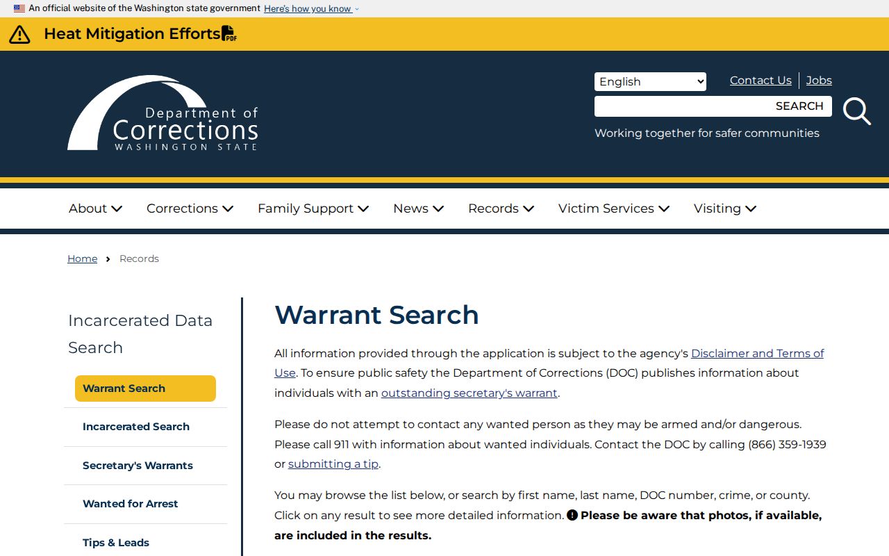 Pacific County DOC secretary warrant record search interface